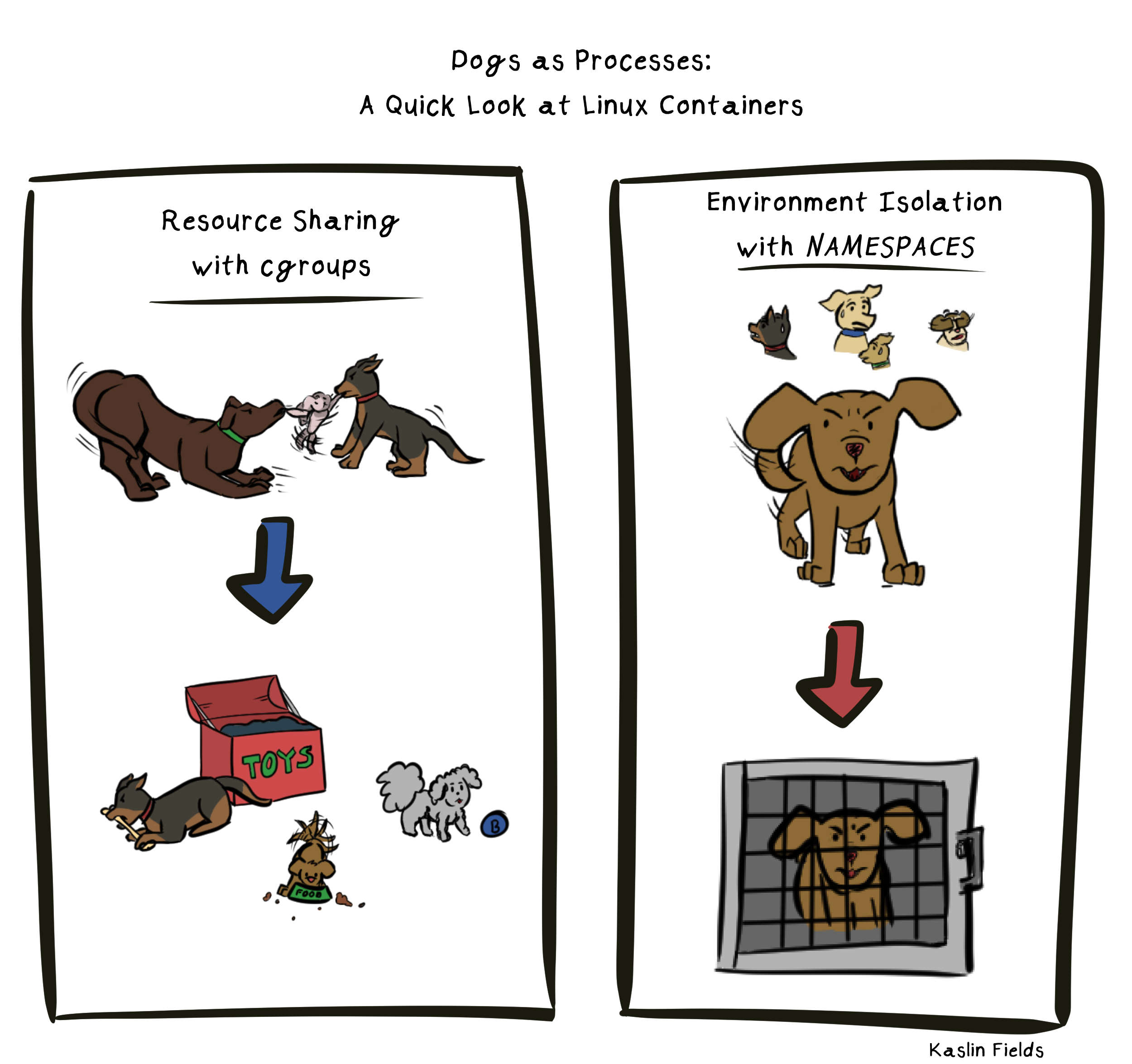 A visual analogy using dogs to explain Linux cgroups and namespaces.