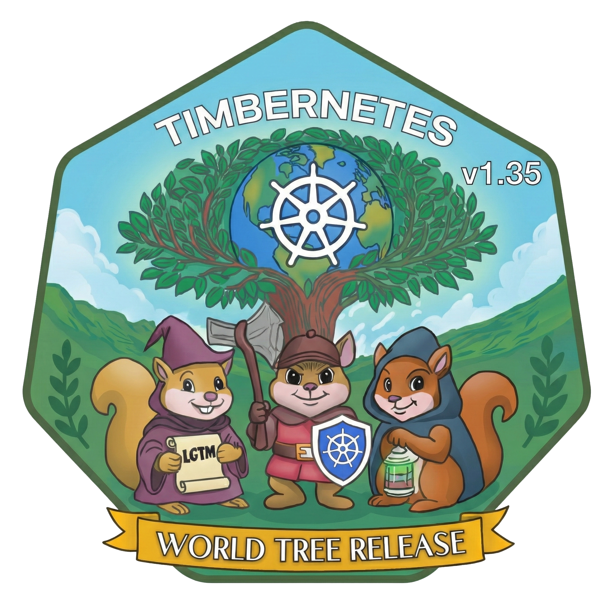 Kubernetes v1.35 Timbernetes logo: a storybook hex badge with a glowing world tree whose branches cradle Earth and a white Kubernetes wheel; three cheerful squirrels stand below—a wizard in a plum r…
Editors: Aakanksha Bhende, Arujjwal Negi, Chad M. Crowell, Graziano Casto, Swathi Rao
Similar to previous releases, the release of Kubernetes v1.35 introduces new stable, beta, and alpha features. The consistent delivery of high-quality releases underscores the strength of our development cycle and the vibrant support from our community.
This release consists of 60 enhancements, including 17 stable, 19 beta, and 22 alpha features.
There are also some deprecations and removals in this release; make sure to read about those.
Release theme and logo
![Kubernetes v1.35 Timbernetes logo: a storybook hex badge with a glowing world tree whose branches cradle Earth and a white Kubernetes wheel; three cheerful squirrels stand below—a wizard in a plum robe holding an LGTM scroll, a warrior with an axe and blue Kubernetes shield, and a lantern-carrying rogue in a navy cloak—on green grass above a gold ribbon reading World Tree Release, backed by soft mountains and cloud-swept sky